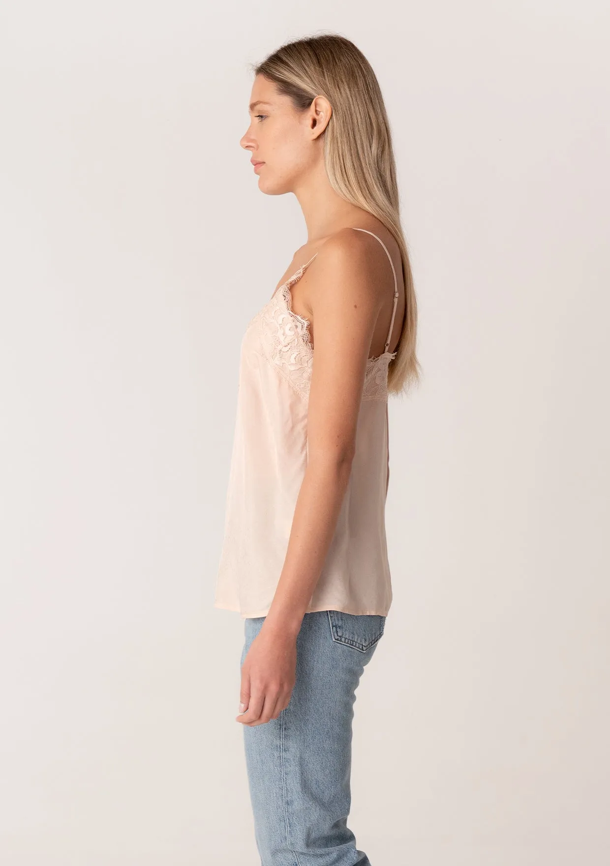 Silky V Neck Spaghetti Strap Lace Trim Cami