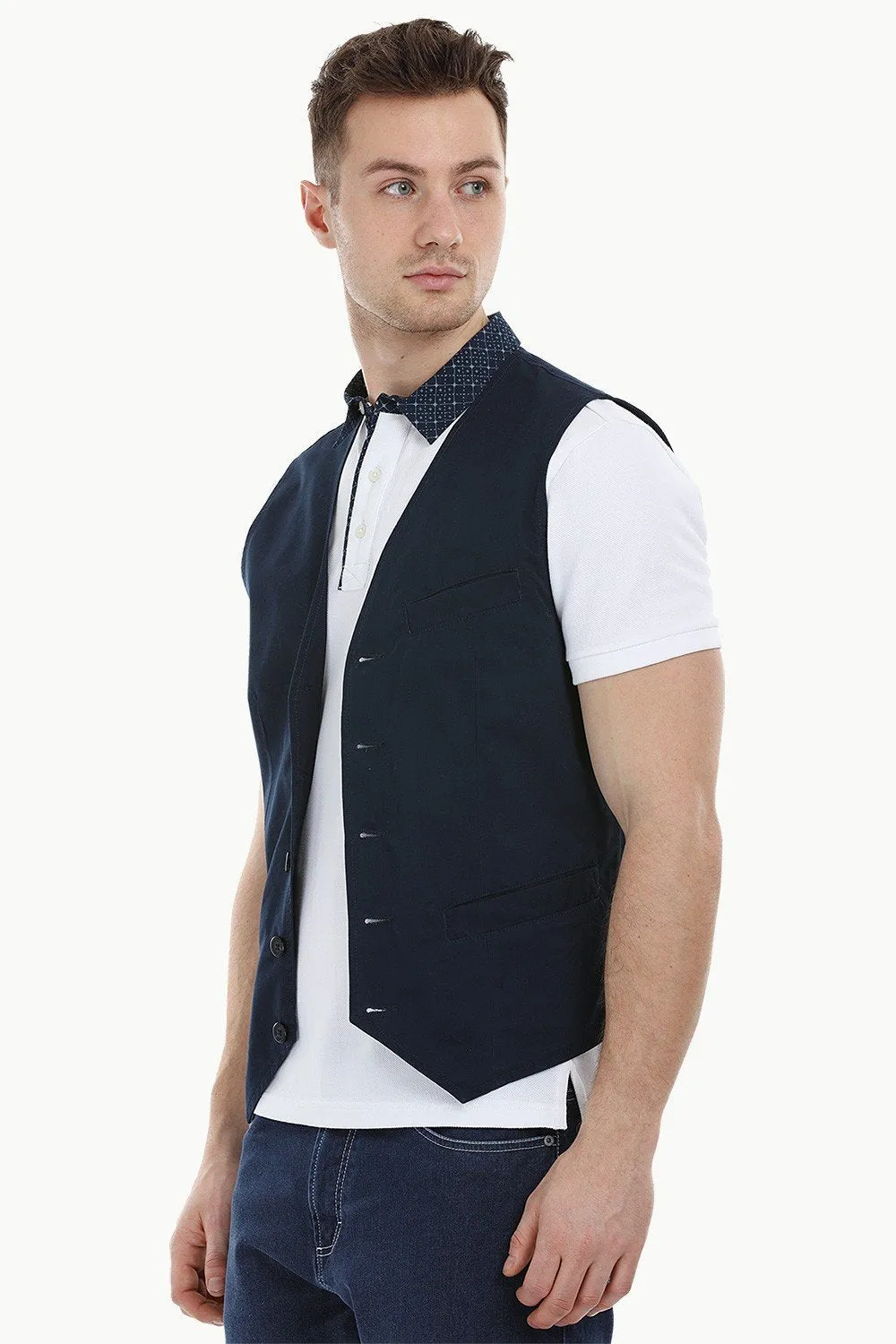 Sleeveless Lapel Navy Jacket