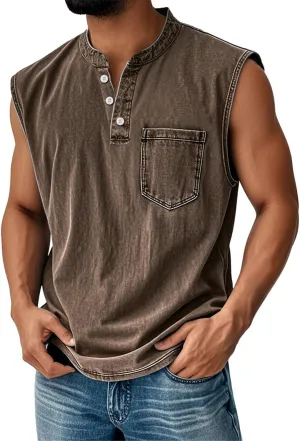 Tank Tops Men Big and Tall Henley Shirts Sleeveless Muscle Gym Workout Running Beach Summer Vintage Button Up Biker Tee Vest