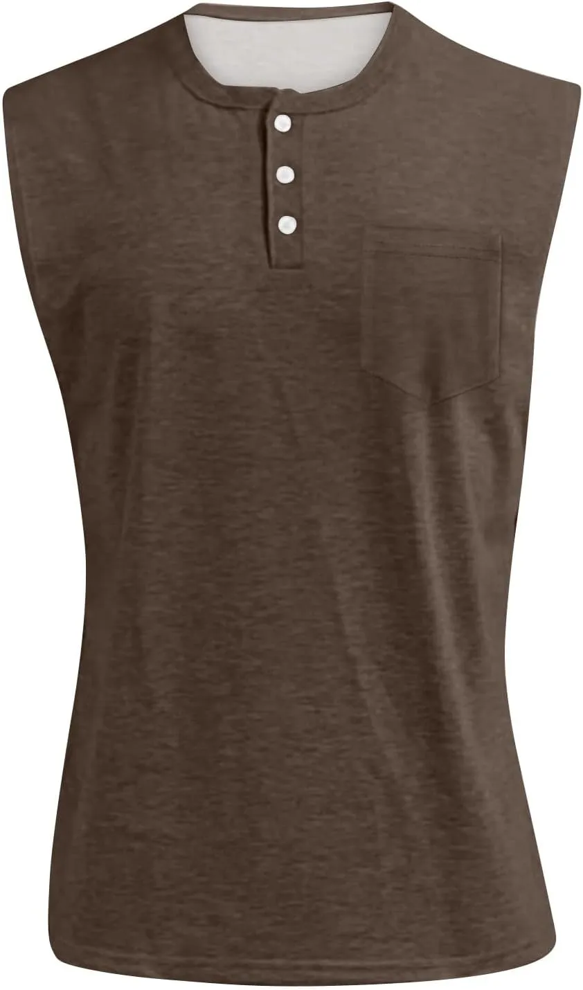 Tank Tops Men Big and Tall Henley Shirts Sleeveless Muscle Gym Workout Running Beach Summer Vintage Button Up Biker Tee Vest