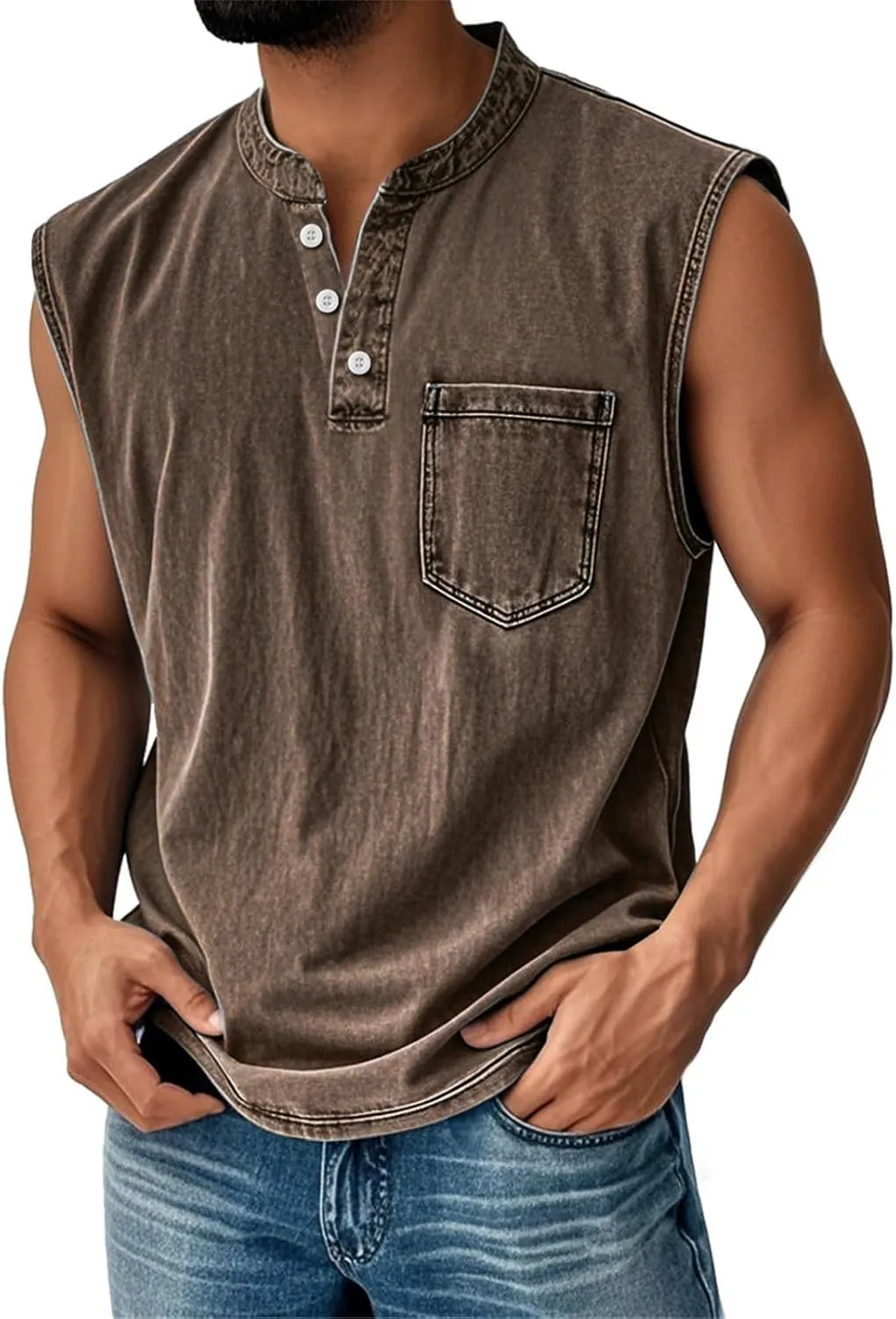Tank Tops Men Big and Tall Henley Shirts Sleeveless Muscle Gym Workout Running Beach Summer Vintage Button Up Biker Tee Vest