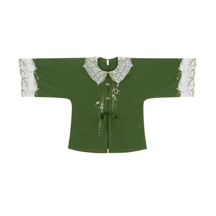 Traditional Chinese Set: 3/4-Sleeve Collared Embroidered Print Panel Tie Front Blouse   High Rise Pleated Maxi A-Line Skirt