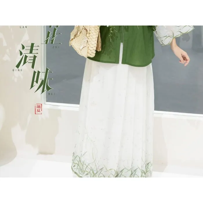 Traditional Chinese Set: 3/4-Sleeve Collared Embroidered Print Panel Tie Front Blouse   High Rise Pleated Maxi A-Line Skirt