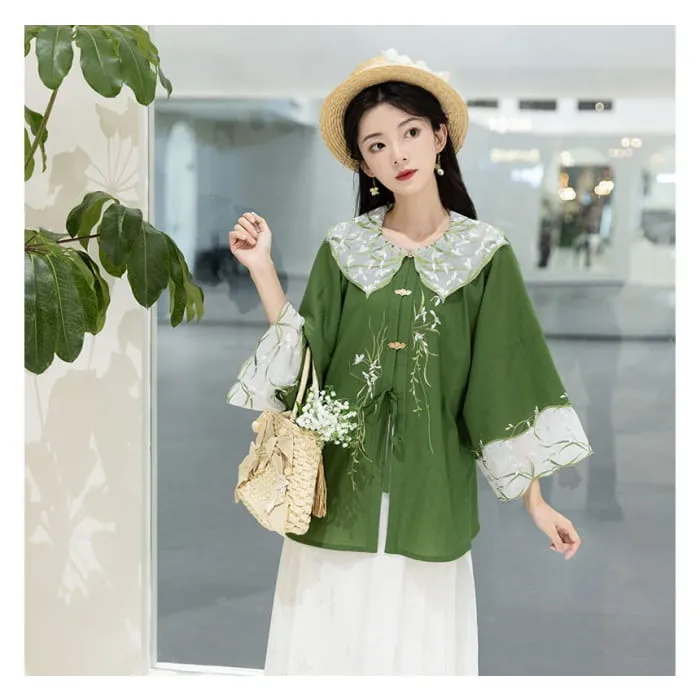 Traditional Chinese Set: 3/4-Sleeve Collared Embroidered Print Panel Tie Front Blouse   High Rise Pleated Maxi A-Line Skirt