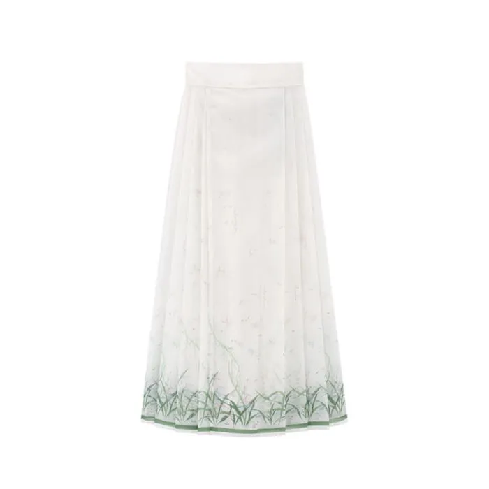 Traditional Chinese Set: 3/4-Sleeve Collared Embroidered Print Panel Tie Front Blouse   High Rise Pleated Maxi A-Line Skirt