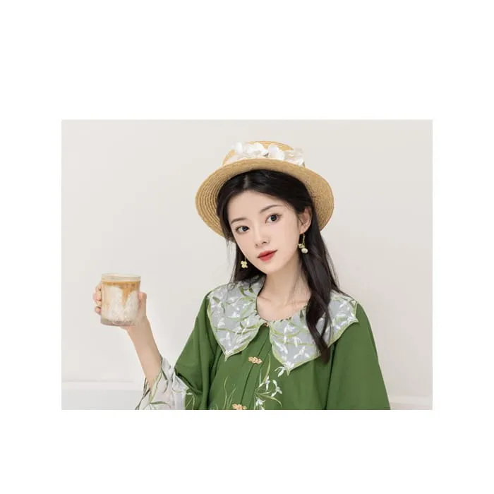 Traditional Chinese Set: 3/4-Sleeve Collared Embroidered Print Panel Tie Front Blouse   High Rise Pleated Maxi A-Line Skirt