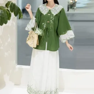 Traditional Chinese Set: 3/4-Sleeve Collared Embroidered Print Panel Tie Front Blouse   High Rise Pleated Maxi A-Line Skirt