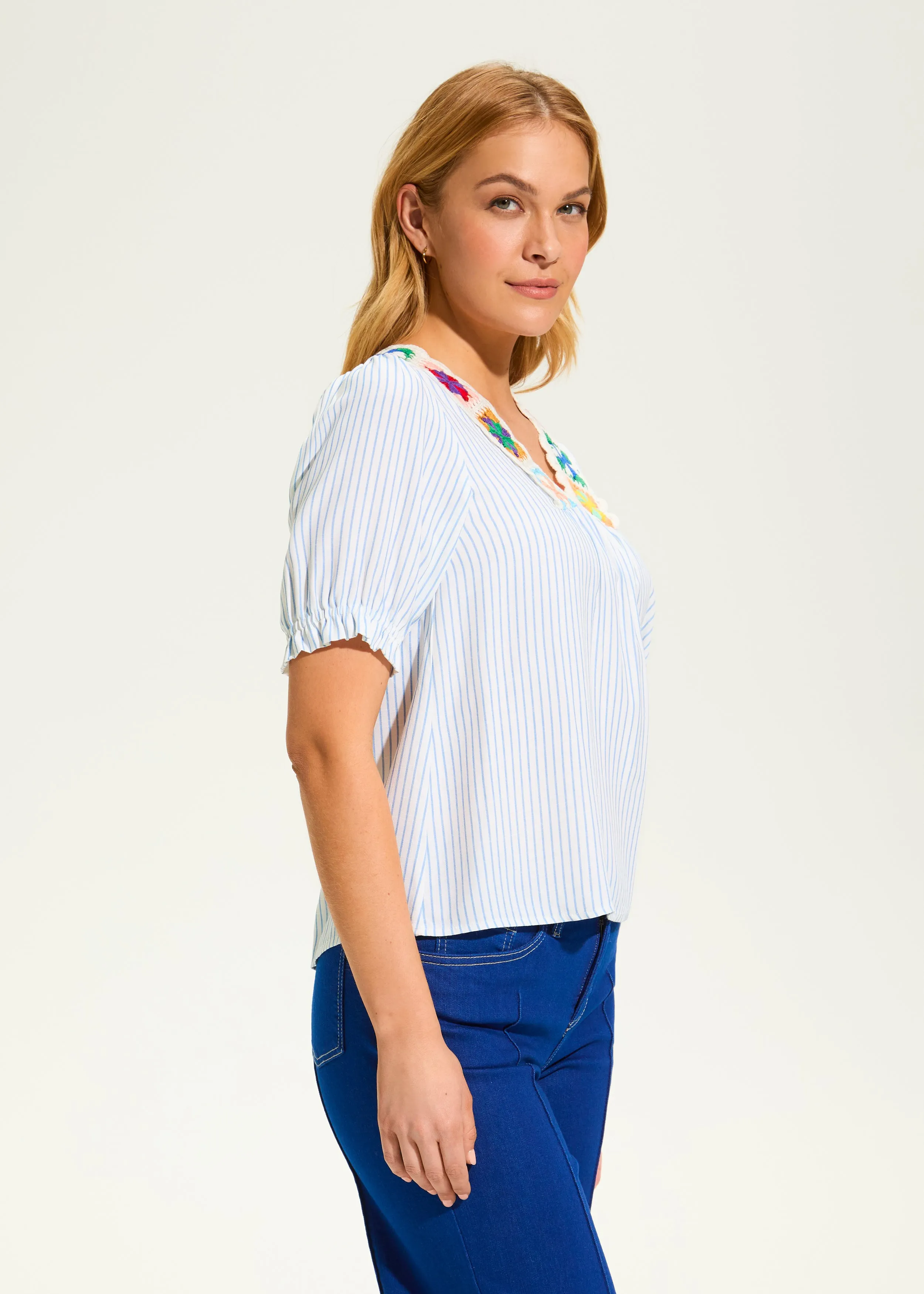 V-Neck Crochet Trim Blouse