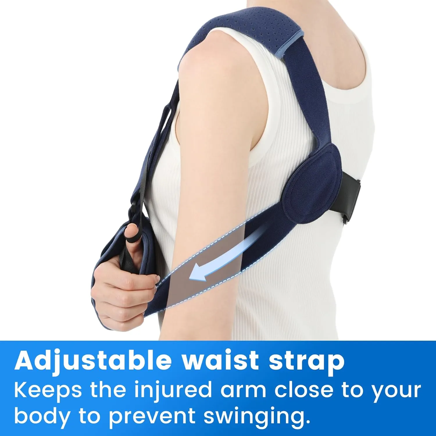 Velpeau Arm Sling Shoulder Immobilizer with Waist Strap, Ventilated & Breathable Design, Arm Support Brace for Shoulder, Rotator Cuff, Elbow, Hand injury (Mesh Version, Blue, Left, M: Bust 28.5-41)