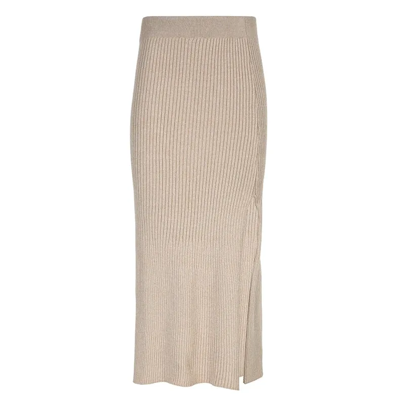 Vintage Side Slit Knitted High Waist Long Skirt