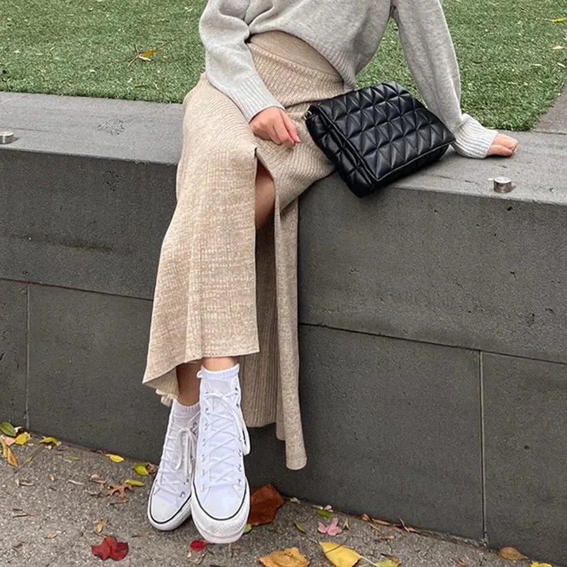 Vintage Side Slit Knitted High Waist Long Skirt