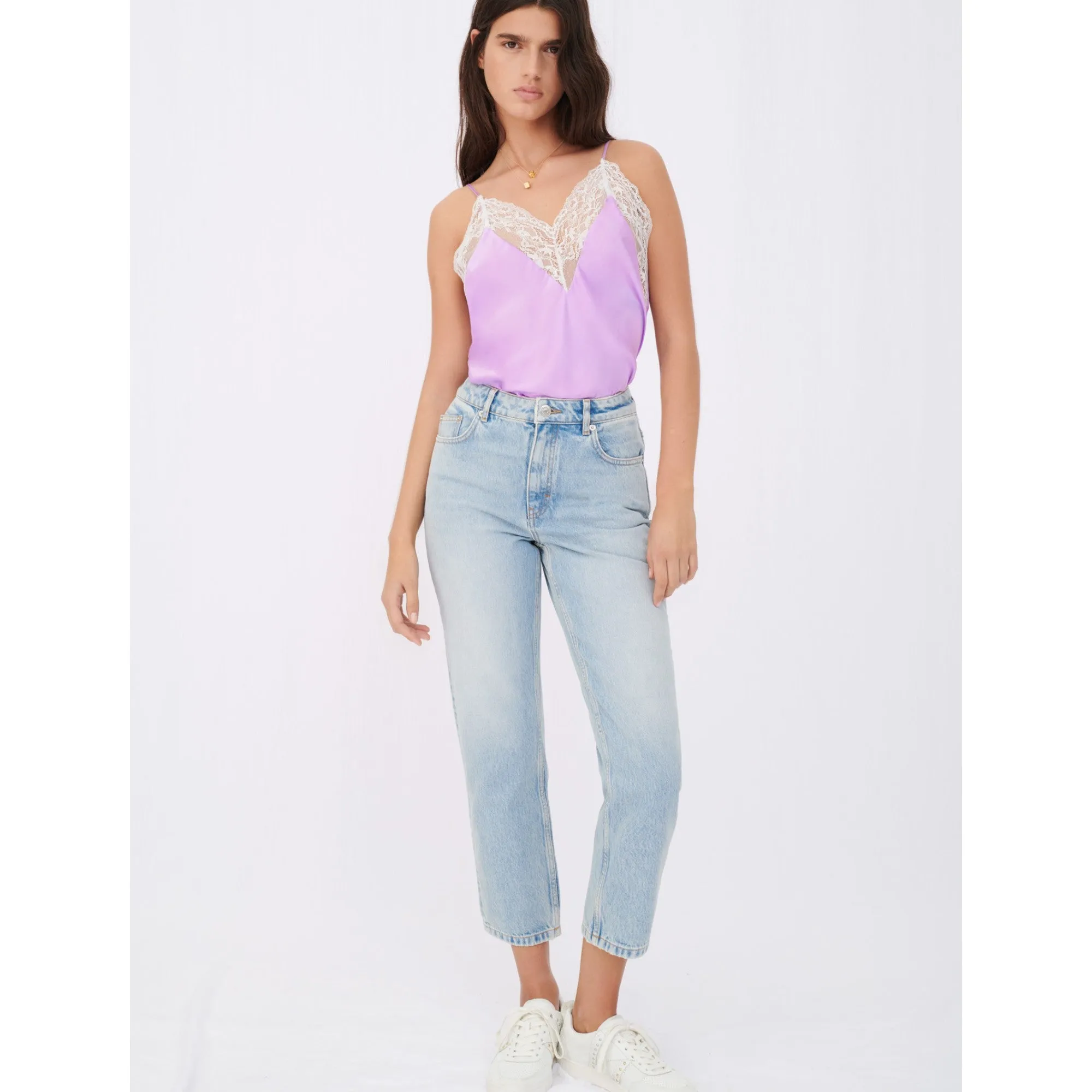 Women Silk Satin And Lace Top - Parma Violet