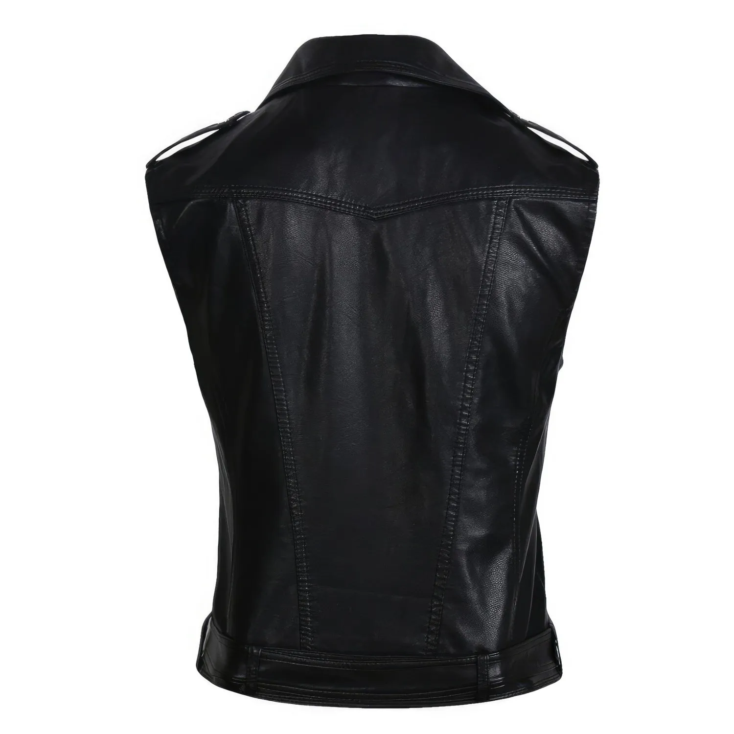 Women’s Black Rider Genuine Sheepskin Sleeveless Vest Casual Café Racer Fashionable Lapel Collar Leather Waistcoat