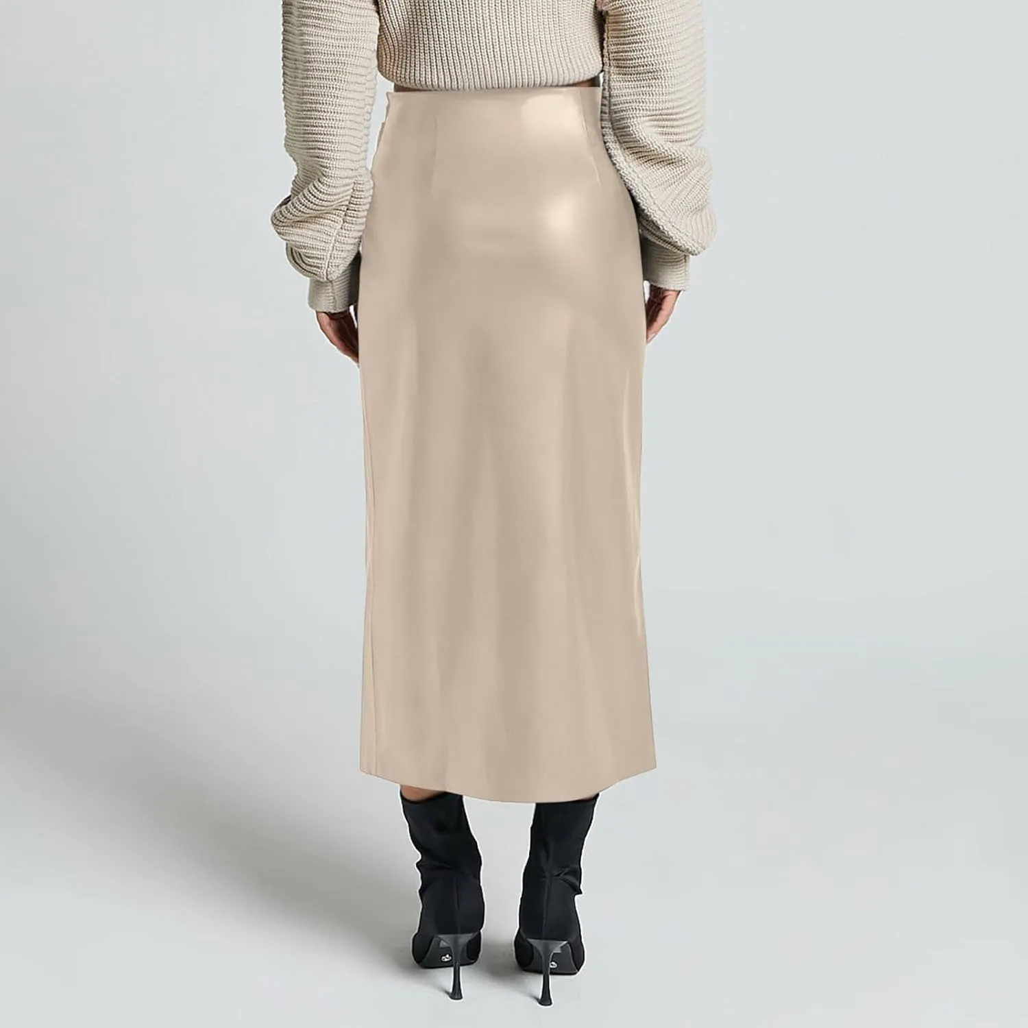 Womens Long Faux Leather Side Slit Skirt Solid Color Bodycon High Waist Slim Pencil Midi Skirt 2025 Trendy