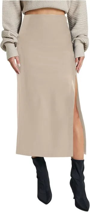 Womens Long Faux Leather Side Slit Skirt Solid Color Bodycon High Waist Slim Pencil Midi Skirt 2025 Trendy