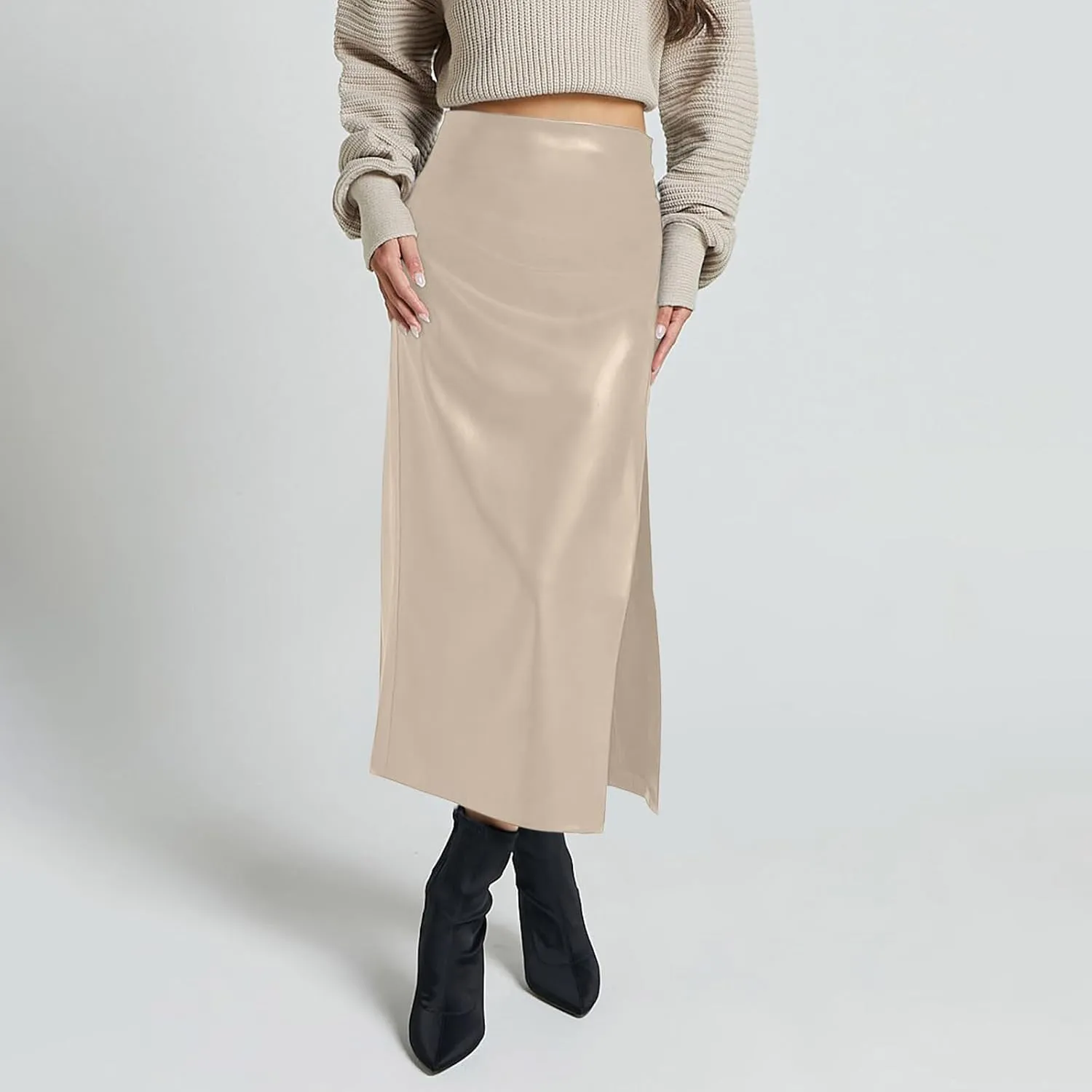 Womens Long Faux Leather Side Slit Skirt Solid Color Bodycon High Waist Slim Pencil Midi Skirt 2025 Trendy