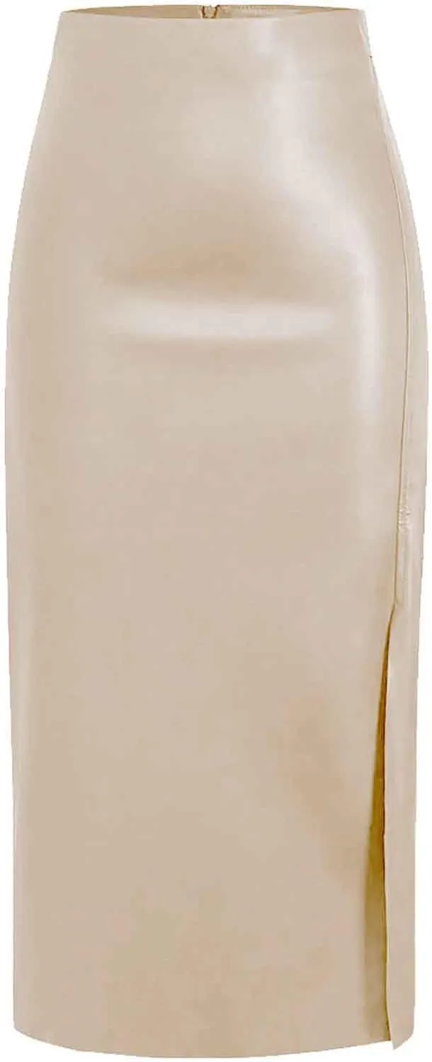 Womens Long Faux Leather Side Slit Skirt Solid Color Bodycon High Waist Slim Pencil Midi Skirt 2025 Trendy