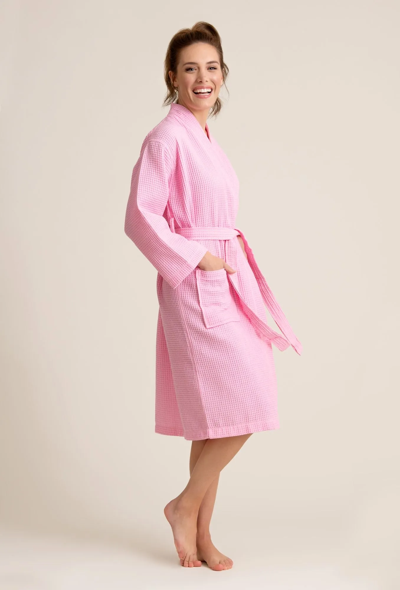 Women's Long Waffle Kimono Pink Robe