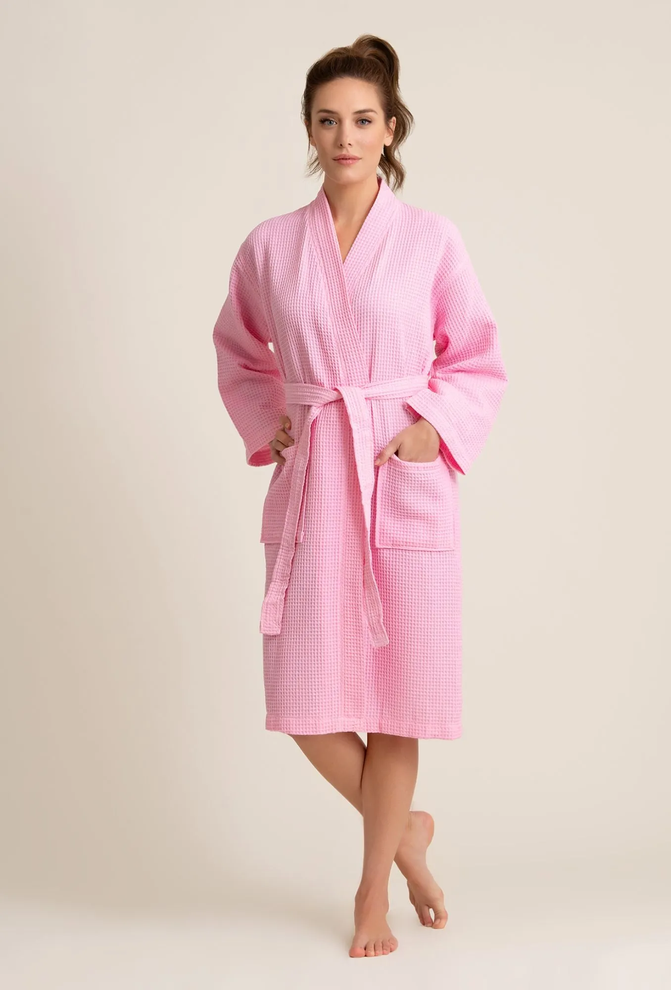 Women's Long Waffle Kimono Pink Robe
