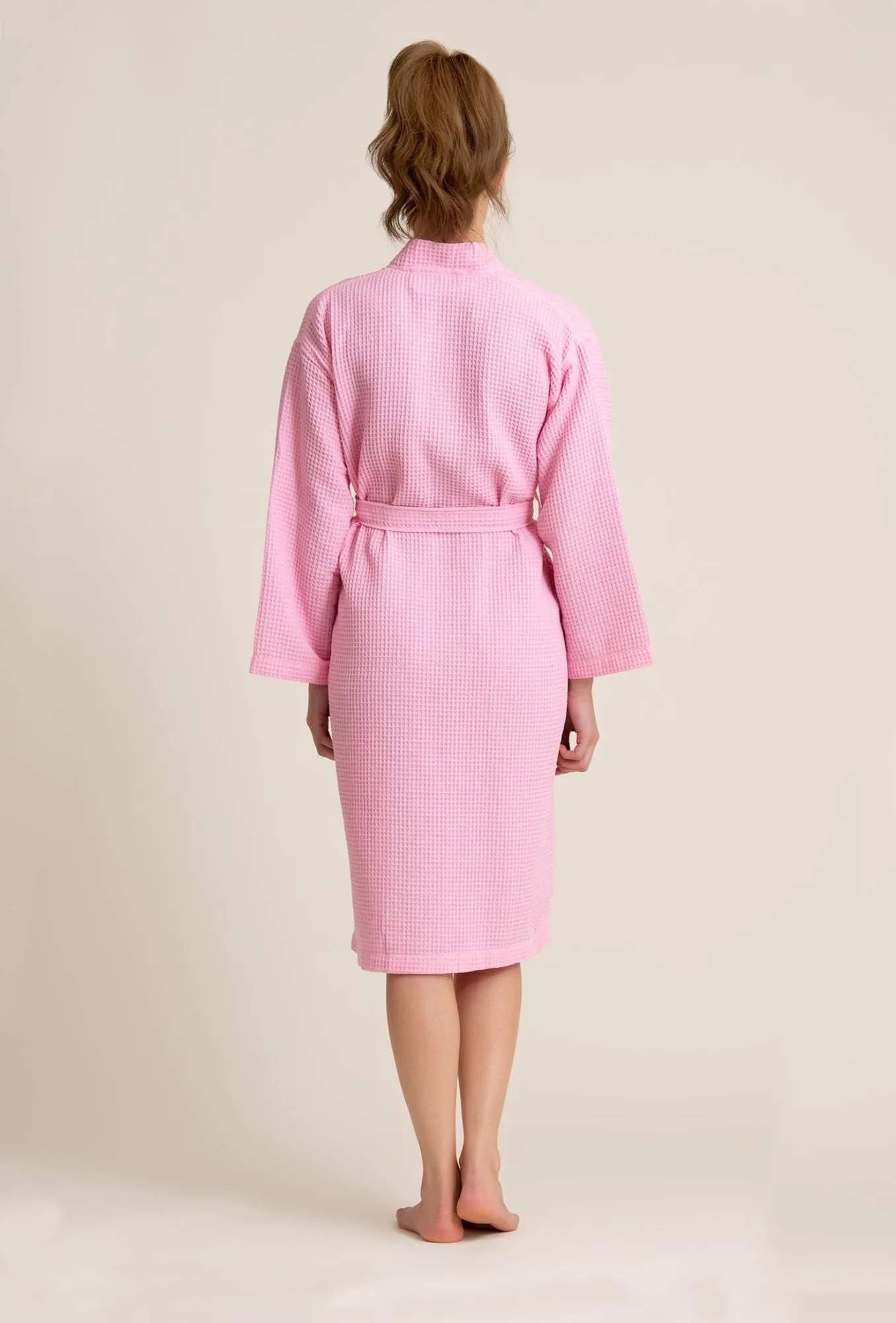 Women's Long Waffle Kimono Pink Robe